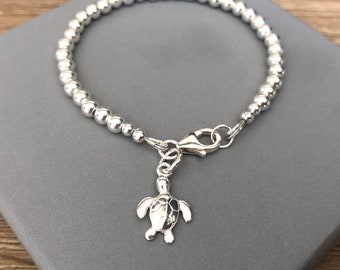 Sterling Silver Turtle Charm Bracelet, Silver Beaded Ball Bracelet, Turtle Jewellery Gift