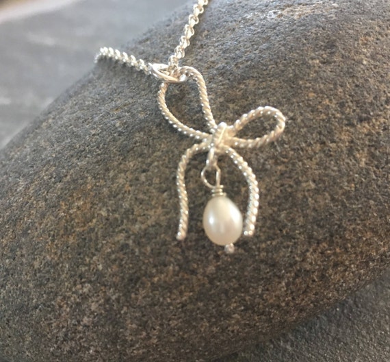 White Pearl Bow Necklace, Sterling Silver Pearl Pendant - Etsy