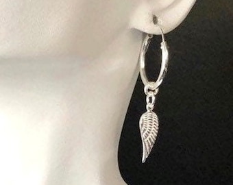 Sterling Silver Angel Wing Hoop Earrings: Interchangeable Charm