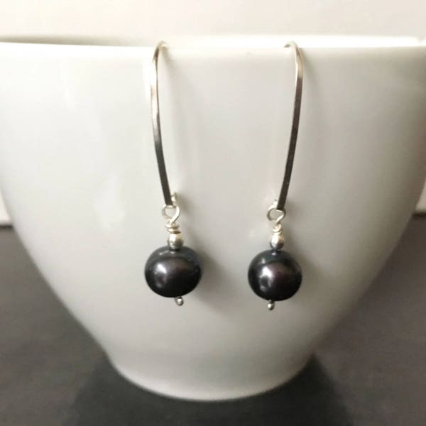 Sterling Silver Long Black Pearl Earrings, Black Pearl Modern Jewellery Gift For Her, Contemporary Jewelry