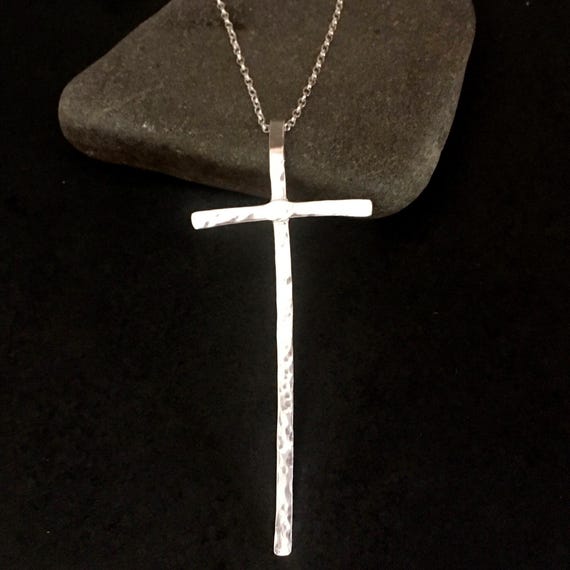 Long Hammered Sterling Silver Large Cross Necklace, Hammer