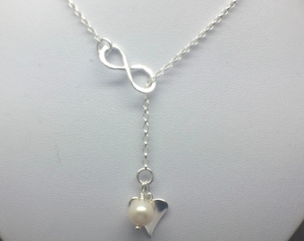 Infinity Heart Pearl Lariat Necklace, Sterling Silver Y Pendant