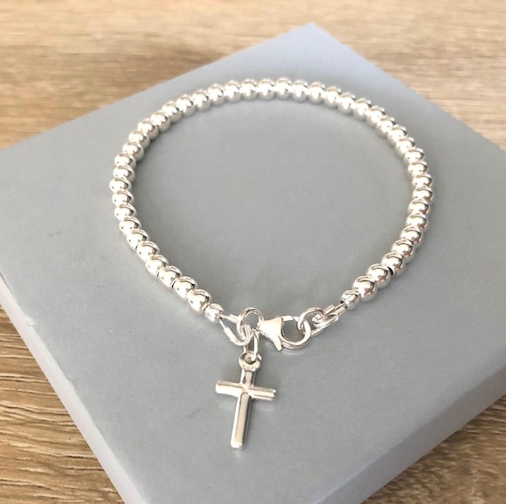 Sterling Silver Cross Charm Bracelet: Beaded Ball Bracelet, Jewelry Gift for Her