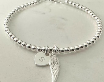 Sterling Silver Angel Wing Heart Charm Bracelet, Personalised Beaded Ball Bracelet
