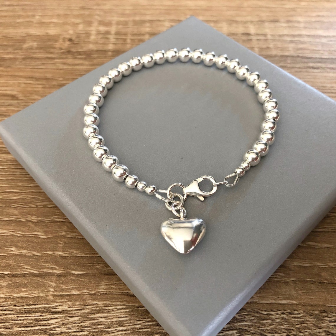 Sterling Silver Heart Charm Beaded Ball Bracelet 925 Silver Etsy