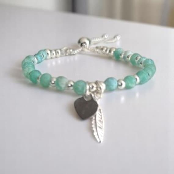 Green Agate Heart Feather Charm Bracelet, Sterling Silver
