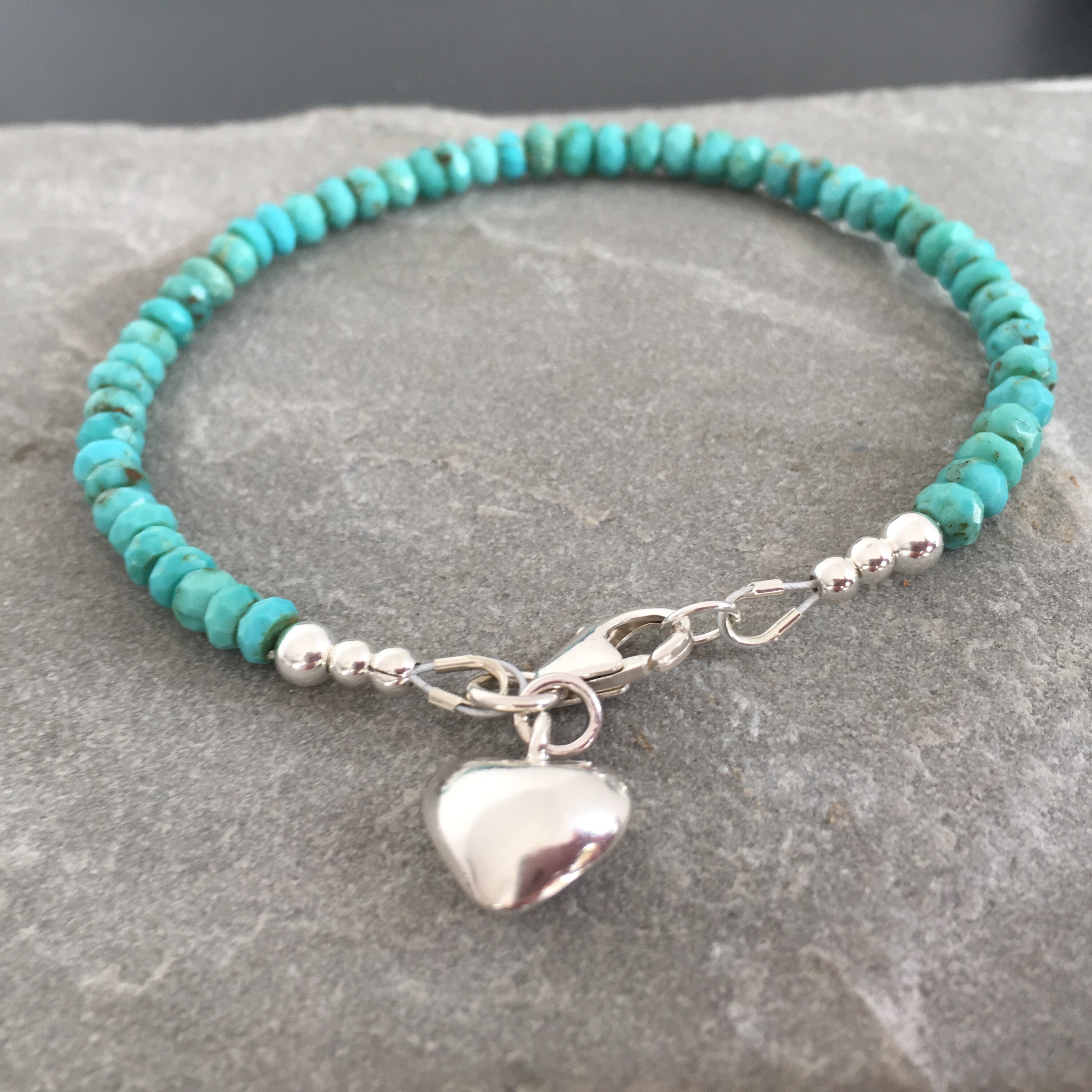 Turquoise Heart Charm Bracelet Sterling Silver Beaded Etsy