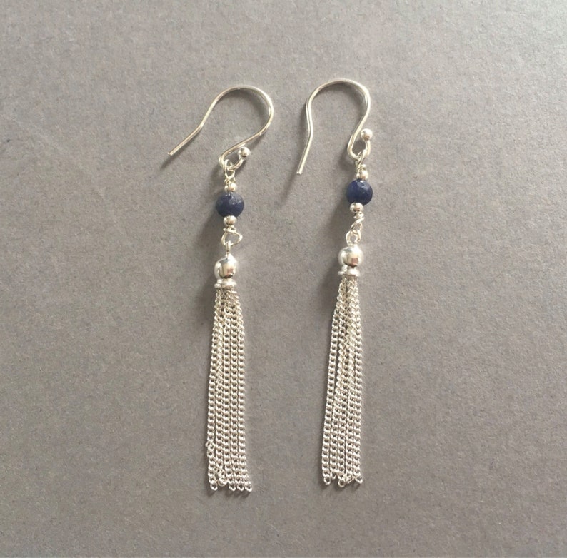 Blue Sapphire Sterling Silver Tassel Earrings 925 Silver Long Etsy UK