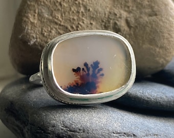 Dendritic agate sterling silver sand cast bezel statement ring