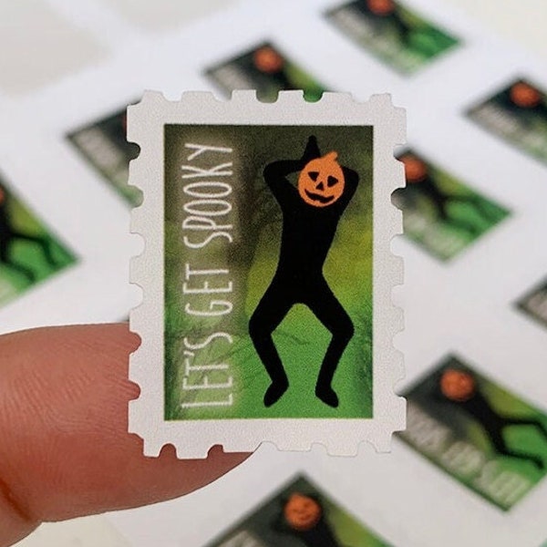 Let's Get Spooky Happy Mail Postage Stamp-Shaped Pen Pal Small Business Owner Packaging Sticker Sheet with THE Dancing Pumpkin Man