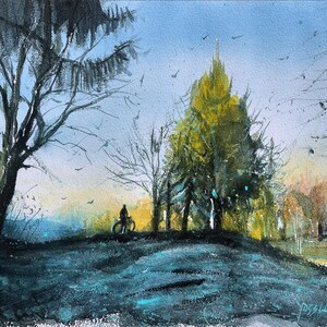 biking at nature landscape, (original watercolours)