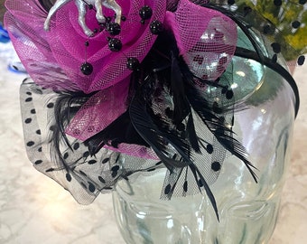 Fascinator Hat for Kentucky Derby with Headband includes a Mesh Flower, Beads, Horse, Feathers & Hair Clip