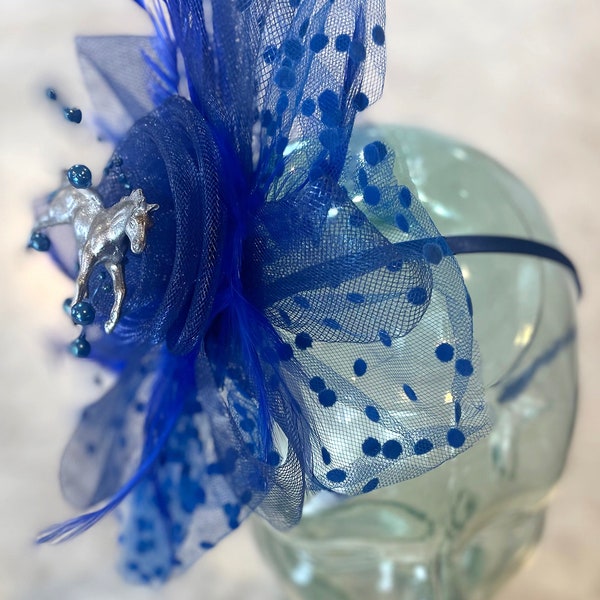 Fascinator Hat for Kentucky Derby with Headband, Mesh Flower, Horse, Feathers and Hair Clip