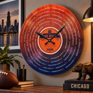 May include: A circular wall clock featuring a gradient design from orange to blue, printed with the 1985 Chicago Bears roster and stats. The centre displays the team logo, the text 85 BEARS, Superbowl XX, and the record 46-10 and 15-1.