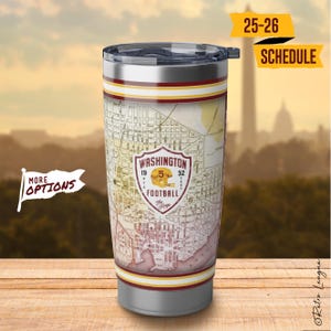 Gobelet Washington Commanders avec carte et programme vintage DC – Mug de voyage en acier inoxydable 20 oz, équipement de ventilateur Washington DC, meilleur cadeau commandants