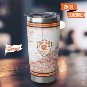 Cleveland Browns Tumbler - 20oz Stainless Steel Travel Mug with Vintage City Map & Game Schedule - Cleveland Fan Gift, Browns Merchandise