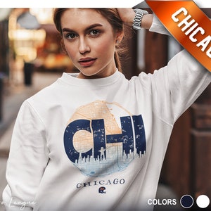 Chicago Bears Sweatshirt mit Rundhalsausschnitt | Chicago Skyline Stadt Karte | CHI Vintage Karte | Unisex Schwere Mischung Rundhalsausschnitt | Chicago Weihnachtsgeschenk für Sie