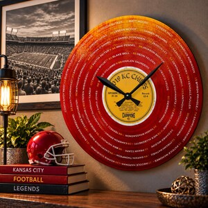 May include: A circular wall clock featuring a red vinyl record design with the text 2019 KC Chiefs Champions. The clock face displays a list of player names and jersey numbers in concentric circles, with black hour and minute hands at the center.