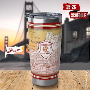 Vaso de los San Francisco 49ers de 20 oz de acero inoxidable con mapa vintage de San Francisco y calendario de partidos 2025-2026. Regalo para fans de los Niners.