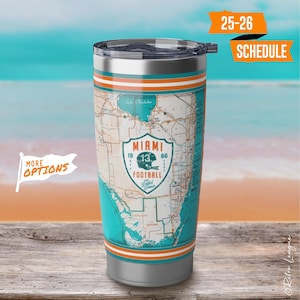 Gobelet vintage Miami Dolphins avec carte et programme - Mug de voyage en acier inoxydable de 20 oz, équipement de fan des dauphins, meilleur cadeau de Miami pour les fans de sport