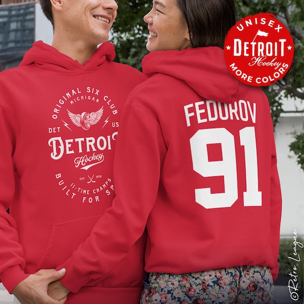 Sudadera con capucha personalizable con nombre y número de los Detroit Red Wings / Sudadera de hockey vintage
