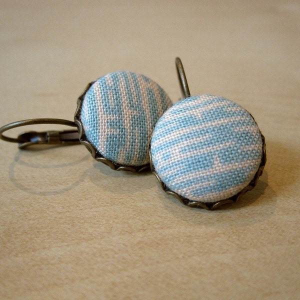 Hanging Earrings - Blue Bamboo - antique bronze fabric covered button earrings