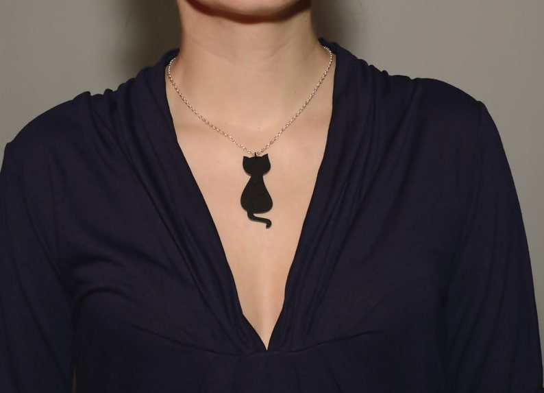 Black cat necklace cute black cat jewelry black cat charm on silver plated chain