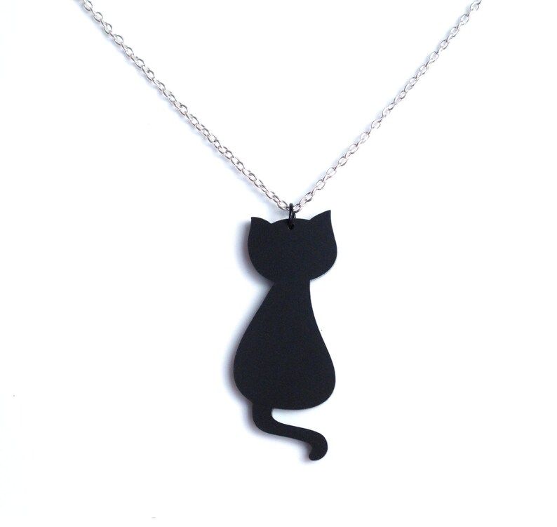 Black cat necklace cute black cat jewelry black cat charm on silver plated chain