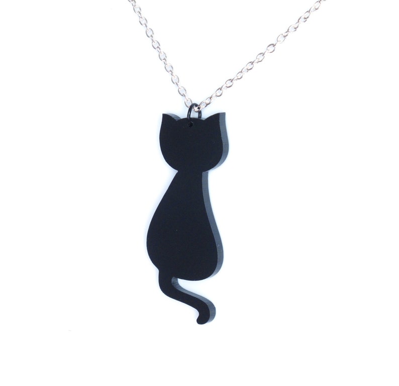 Black cat necklace cute black cat jewelry black cat charm on silver plated chain