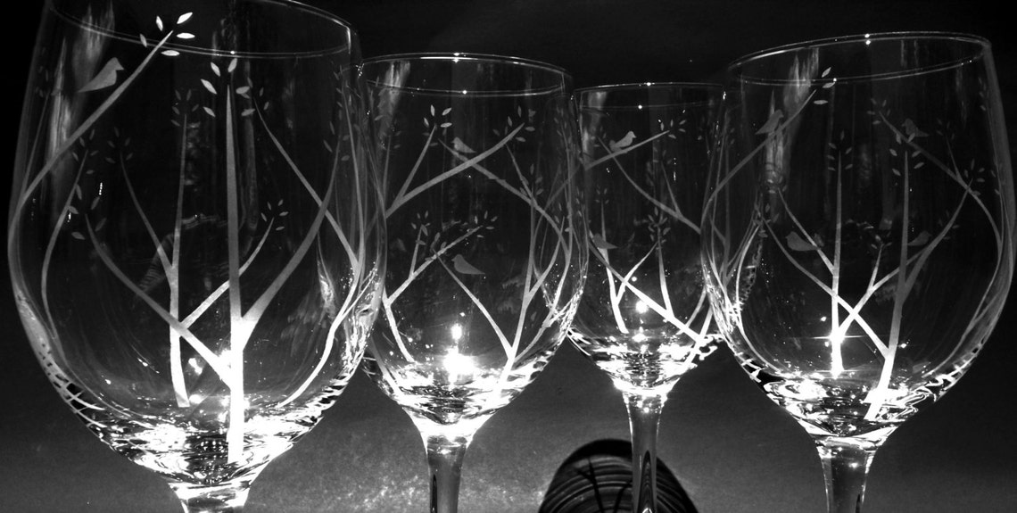 Etched wine glasses with birds in trees. Set of 4. Christmas Etsy