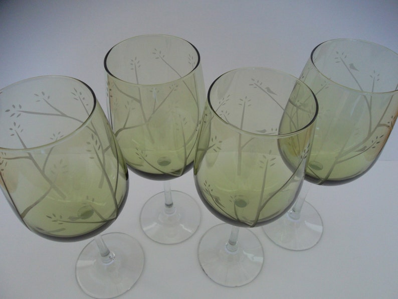 Etched wine glasses with birds in trees. Wine charm wedding Etsy