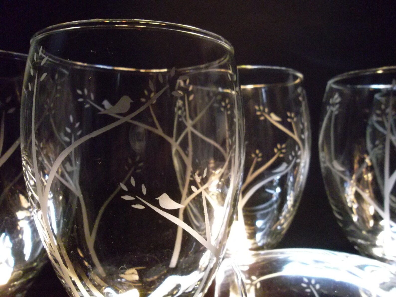 Drinking glasses etched with birds in trees. Set of 4. Wedding Etsy