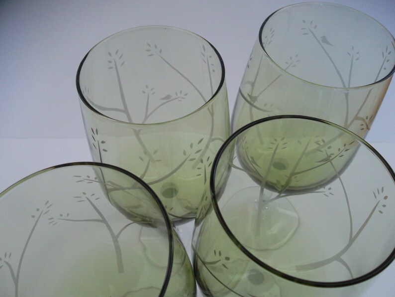 Etched wine glasses with birds in trees. Wine charm wedding Etsy