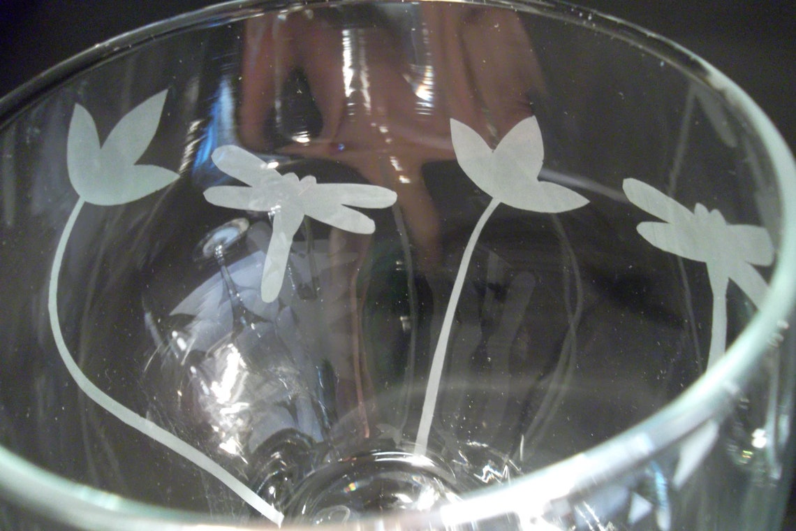 Etched dragonfly wine glasses with flowers. Set of 2. Wedding Etsy