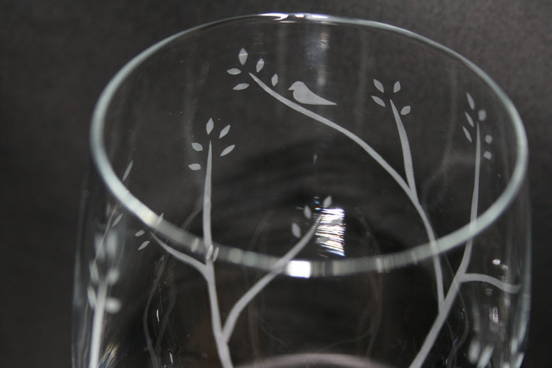 Etched wine glasses with birds in trees. Set of 4. Christmas Etsy