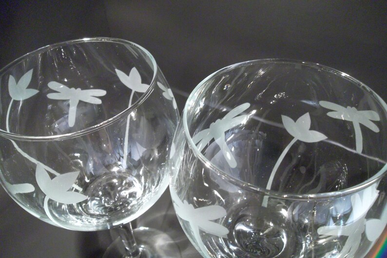 Etched dragonfly wine glasses with flowers. Set of 2. Wedding Etsy