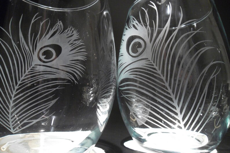 Stemless etched wine glasses. Peacock feathers bridesmaids Etsy