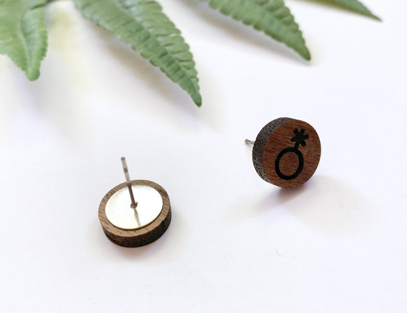 LGBTQ Accessories Nonbinary Pride Studs Genderqueer Earrings Laser Cut and Engraved Walnut Wood Jewelry Small Non Binary Symbol Earrings