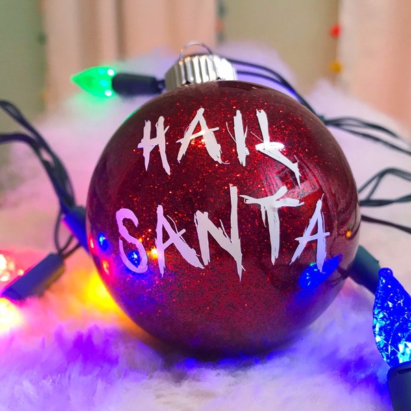 Hail Santa Shatterproof Bulb Ornament, Funny Holiday Gift, Sparkle Red Christmas Tree, Satanic Xmas, Pagan decoration, nontraditional