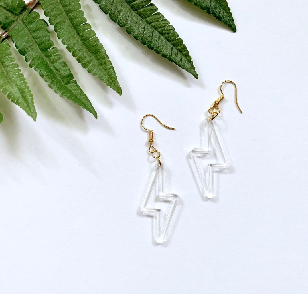 Lucite Lightning Bolt Earrings, Clear Acrylic Earrings, See Through Pendants, Electrician Gift, Stormy Weather Jewelry, Transparent Plastic