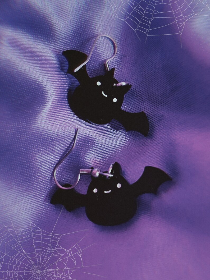 Spooky Cute Bat Earrings, Halloween Jewelry, Kawaii Goth, Vampire Accessories, Black and White Gothic, Acrylic Earrings, Nocturnal Animal 