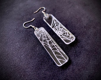 Spiderweb Clear Acrylic Bars, Transparent Lucite, Spider Cobweb Earrings, Halloween Jewelry, Goth Accessories, Witchcraft Jewelry, Arachnid