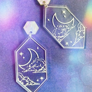 Dreamscape Celestial Earrings, Moon and Star Stud Earrings, Clear Acrylic, Night Sky Jewelry, Mystical Statement Studs, Witch Accessories