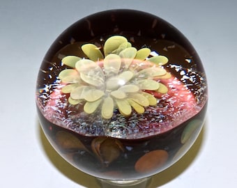 Fumed Fireworks Glass Marble, Dichroic Galaxy, Golden Plume - Boro, Flamework, Handmade (ref #639)