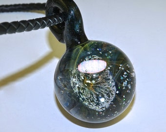 Cosmic Galaxy Glass Planet Pendant with Tumbled White Opal, Heady - flamework, handmade (#716)