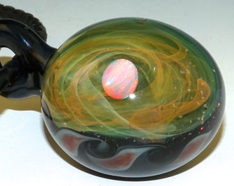 Blown Glass Planet Pendant, Opal, Flameworked, Fumed Cosmic Space Galaxy, - borosilicate, handmade (#570)