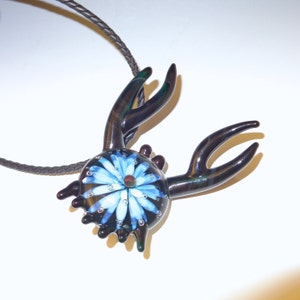 Blue Glass Crab Pendant, Black Opal, Sea Anemone, Sculpture - flamework, lampwork, borosilicate, handmade