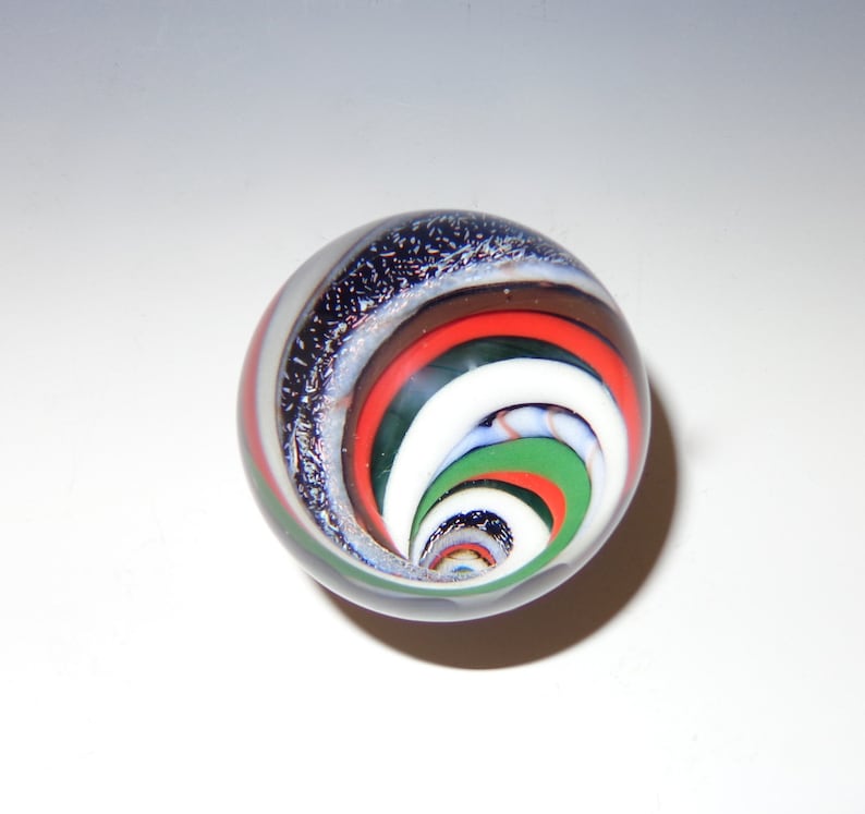 Striped Vortex Glass Marble, Red, Green, White, Dichroic with Abstract Back flamework, lampwork, borosilicate image 1