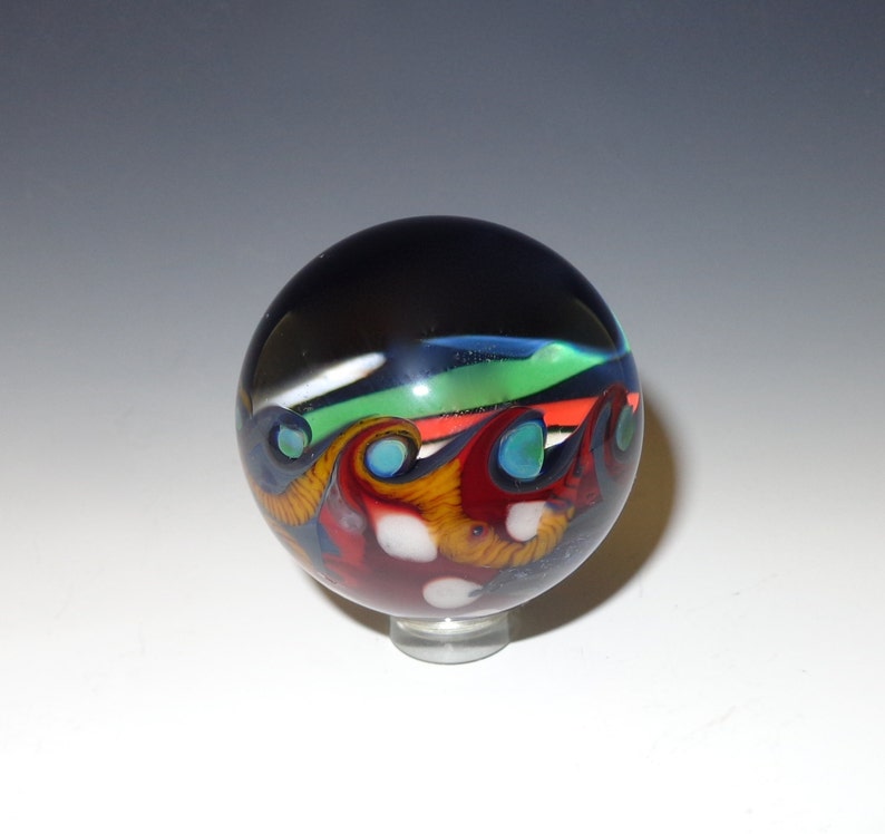 Striped Vortex Glass Marble, Red, Green, White, Dichroic with Abstract Back flamework, lampwork, borosilicate image 3
