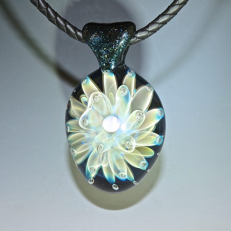 Fumed Glass Pendant with White Opal, Air Trap, Sea Anemone, Large flamework, borosilicate, handmade image 1